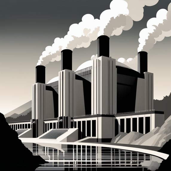 Daniel-Johnson Dam in art deco style with a black and white power plant.