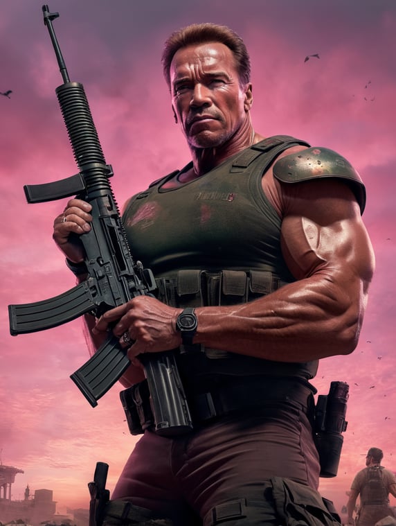 arnold schwarzenegger holding a m 16, pink sky, cat