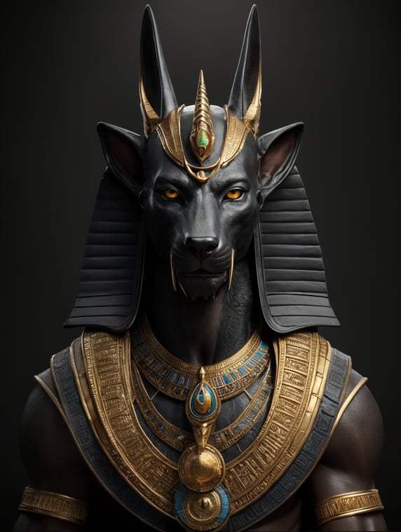 Egyptian god Anubis, portrait, hyper-realistic, dark style, focus on face, sharp on details, black background