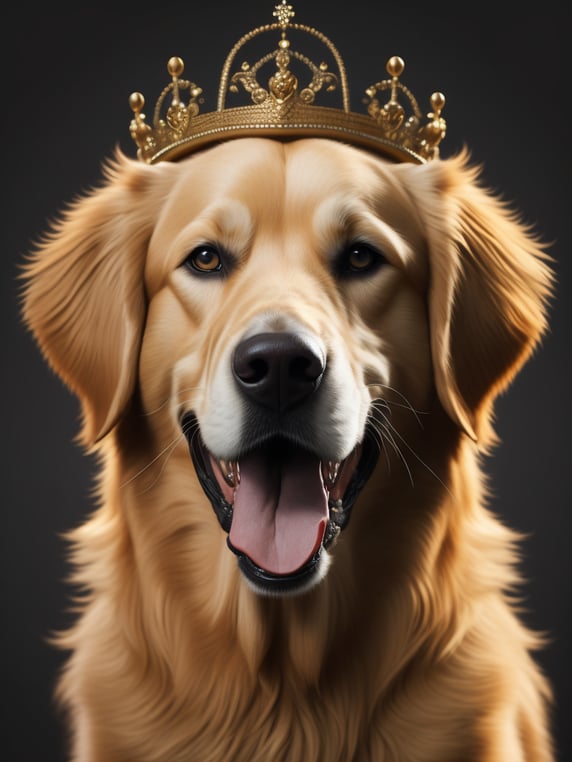 golden retriever in a Memoji style dressed as a queen with a crown on its head