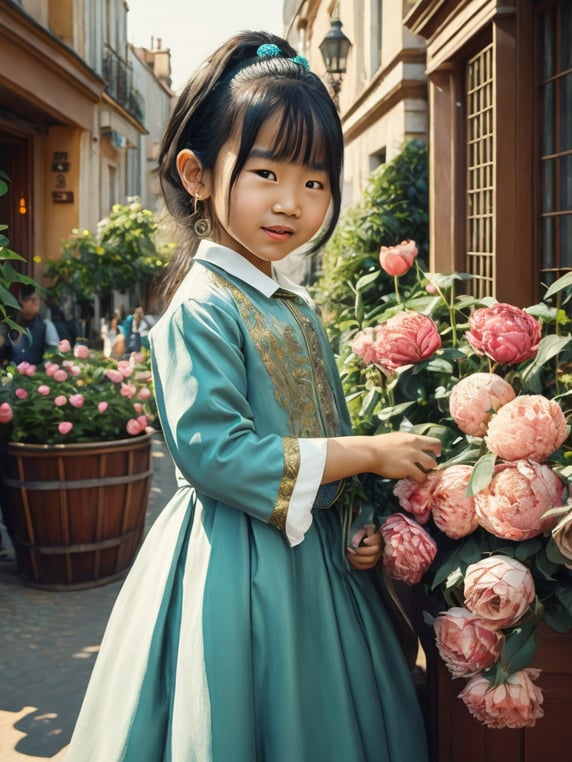 full length asian happy little girl in a victorian dress, selling flowers in 1930s Paris, french street in spring, peonies, roses, lilies, soft pink and pastel cyan colours, cinematic style, hand coloured vintage photograph, sunny day, high resolution, sharp image