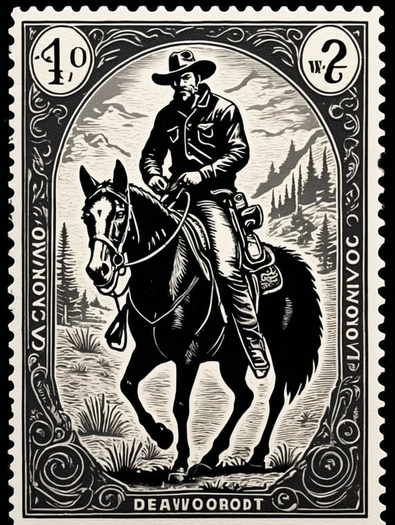 Black and white linocut postage stamp old wolf cowboy thick bold dark lines, discord
