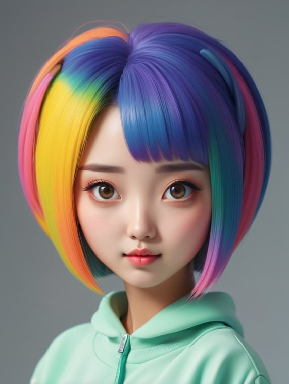 Cute 3d character, korean fashion, colorful hair, blender render, y2k, art toy, creative