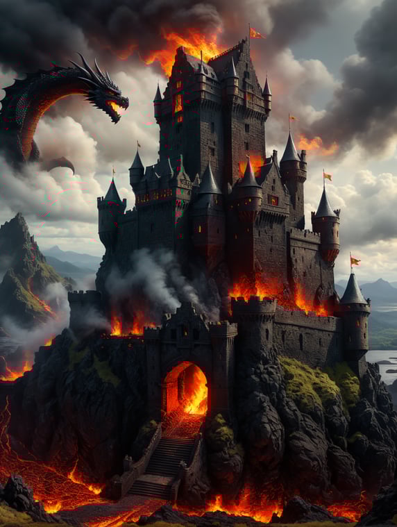 OLD SCOTTISH CASTLE SPOOKY WITH WARRIOR OUTSIDE AND A DRAGONNIN THE SKY AND THE CASTLE SURROUNDED BY LAVA