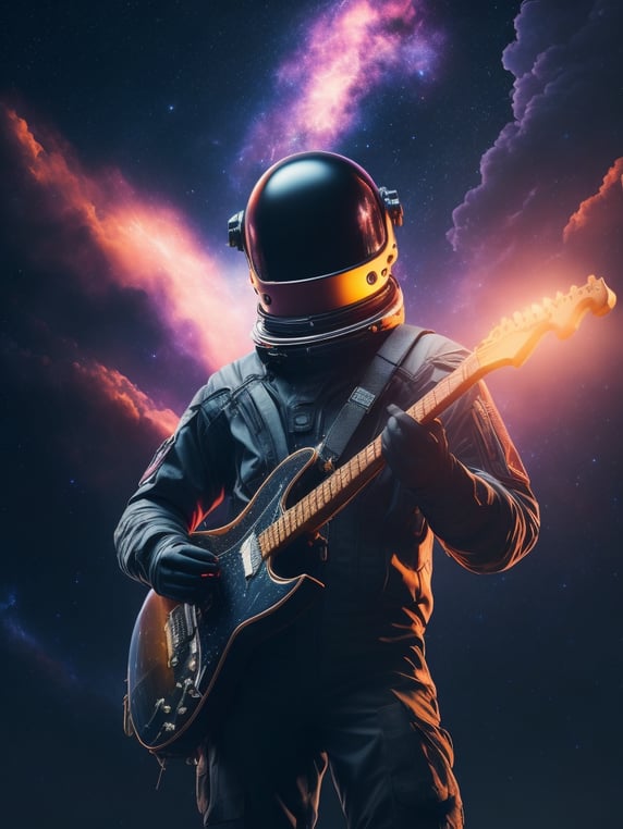 an astronaut in black, facing the universe, playing the guitar instrument, full body, helmet, refractions, daft punk, space in the background, nebula clouds, hyper detailed, digital art, trending in artstation, cinematic lighting, studio quality, smooth render, unreal engine 5 rendered, octane rendered