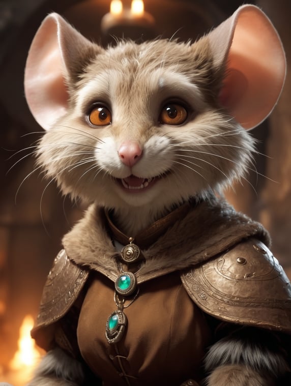 Fantasy Creature, Brown Fur, Mouse, Woman, Magic, Spell Caster, In a Dungeon, Short, Stubby, Saucer eyes, Smirking