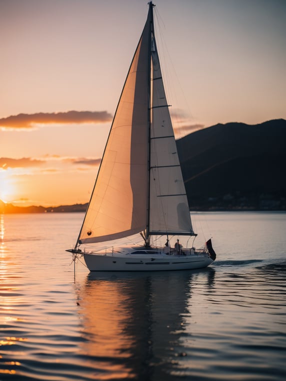 A white sailboat in the sea, sunset, photorealistic, high detail, landscape, contrast light, Bright and saturated colors