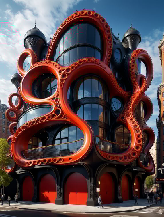 the craziest, bentwood, far view lens architectural modern style hyper realistic hyper detailed neocosmic exterior architecture design of a octopus Fluid complex facade, geometric shapes spectrum, black::1 red:3, Antoine Blanchard architecture art style, in new York city, dramatic ambient, natural lighting
