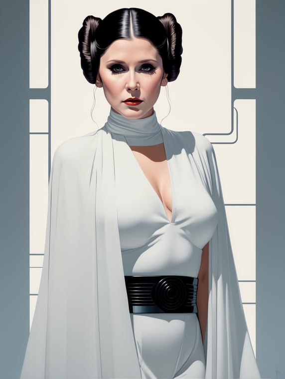 Illustration. Manga. Patrick Nagel. High Contrast. Flowing line. Shadow. Youthful Carrie Fisher as Princess Leia. Star Wars. Surreal minimalism. Pin up.