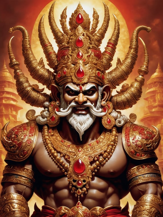 Ravana was adorned with bright-colored gold ornaments, inlaid with diamonds and decorated with worthy gems. Ravana was attired in very costly silk and his body was smeared with red-sandal paste and well painted with various brightly colored designs. Ravana looked strange with his ten heads, having terrible-looking yet good-looking pair of red eyes each, with brilliant sharp enormous teeth and protruding lips. Ravana was having a pearl necklace casting its splendor on his bosom. He was shining like the full moon and appeared like a cloud illumined by the rising sun. Ravana was distinguished by his immensely strong arms, smeared with excellent sandal-paste and decked with shining bracelets.