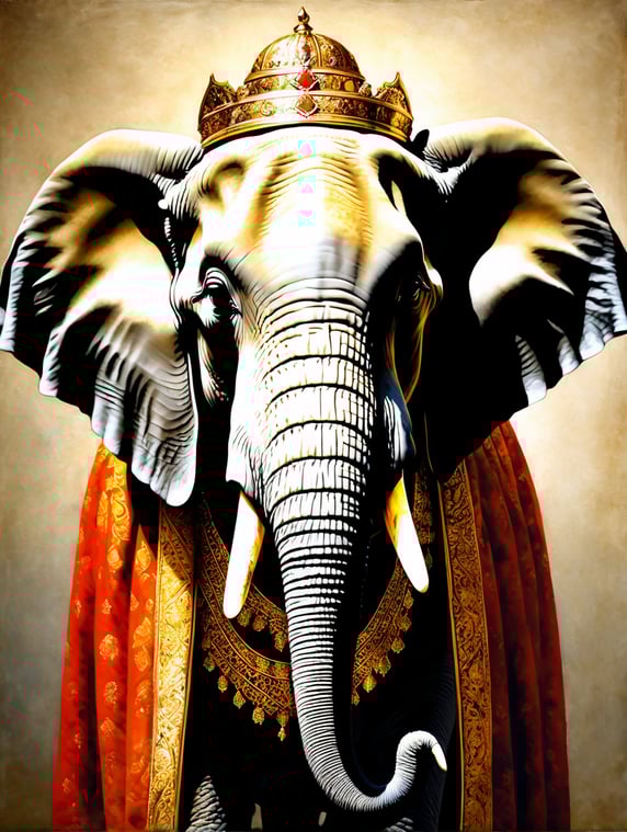 A masterpiece painting by Rembrandt Van Rijn, a Portrait of an elephant the typical clothes of the time, Renaissance painting style, 2 3 view, simple background, waist upwards, highly detailed, high contrast