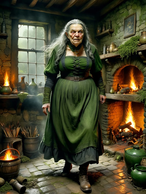 An old very ugly witch, fat and overweight, not very tall, wearing clothes that are too large, sleeves covering her hands, her high neck dark green dress covers her feet and drags on the floor. Green boots. Her face is scrunched up in disgust. Standing by an open fire in a tumbledown cottage. In the style of an Alan Lee watercolour.