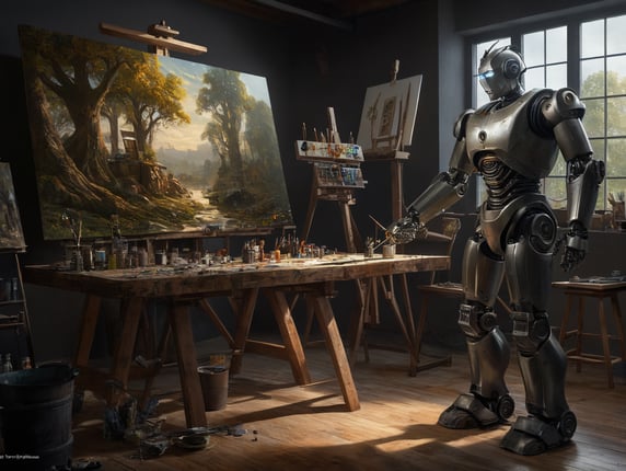 Photorealistic illustration of a robot in an artist studio. The robot is a painter painting a tree on a canvas in the style of a Dutch master in a modern artist studio, sitting on the site, a young person of 22 years of age is using a remote control which controls the robot. artstation, deviantart, cgsociety. Dramatic lighting
