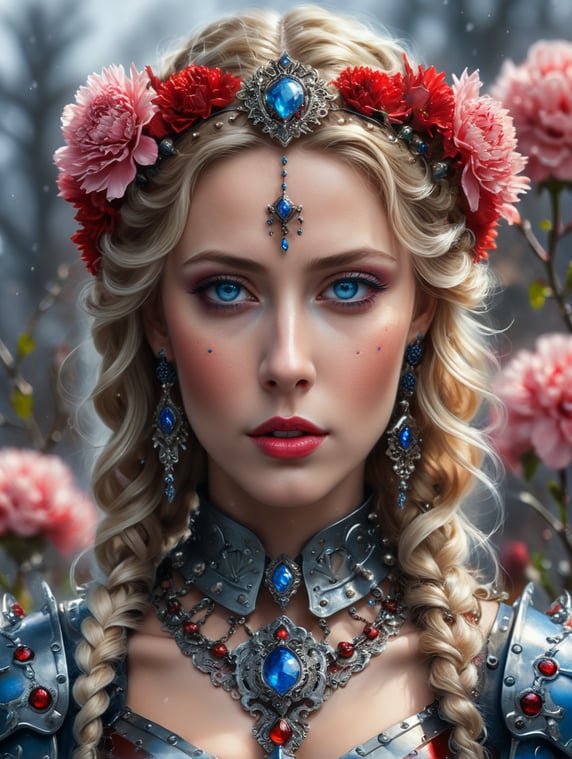Epic portrait, harlequin, blond hair, Young woman, blue eyes, many carnations, many snowdrops, long loose curls, metal armor, jewelry with red gems, crown with red gems, intricate decorations, high definition, winter, ice, snow, wind; Episch portret, harlekijn, blond haar, Jonge vrouw, blauwe ogen, veel anjers, veel sneeuwklokjes, lange losse krullen, metalen harnas, juwelen met rode edelstenen, kroon met rode edelstenen, ingewikkelde versieringen, high definition, winter, ijs, sneeuw, wind