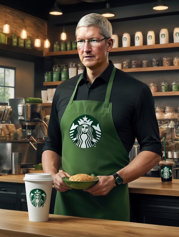 Tim Cook as a Starbucks employee in a black shirt and green apron; Tim Cook als Starbucks angestellter in schwarzem Hemd und grüner Schürze