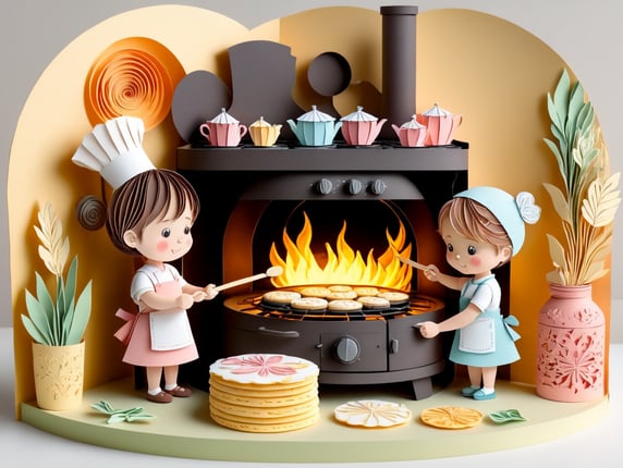 soft rounded CGI style illustrated image of one boy and one girl children baking welsh cakes on a stove. view point from behind child looking at them working. soft pastel colours.