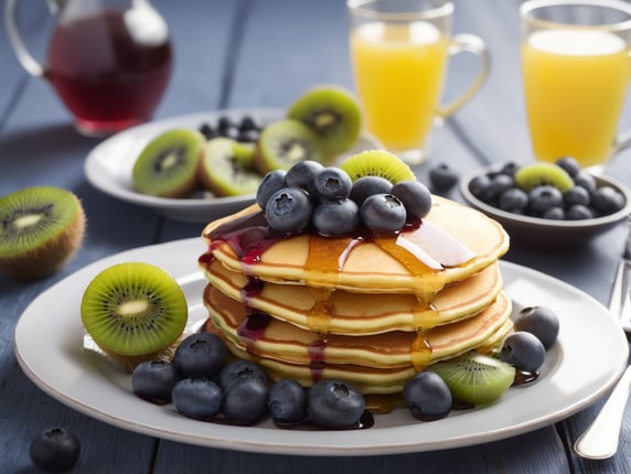 Pancakes with blueberry and kiwi, bright atmosphere, Provence, Depth of field, Incredibly high detailed
