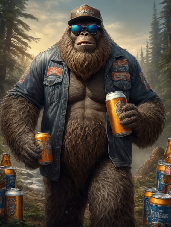 Bigfoot sasquatch wearing a trucker hat and sunglasses and carrying a 6-pack of cans of beer