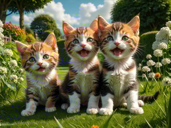 Three small kittens, all the same size, one with ginger colouring, one with tortoiseshell colouring, one black and white colouring. All playing together on a green grass lawn in an English garden, on a sunny day. Viewed from ground level.