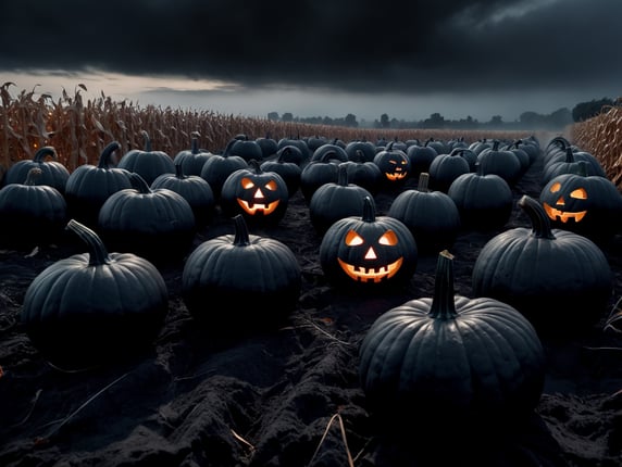 Black pumpkins in a spooky black field with dark clouds and fog 8k Realistic 50 jack-o-lanterns with no light pumpkins in a field with a cornfield in the background Add depth of field in the photo