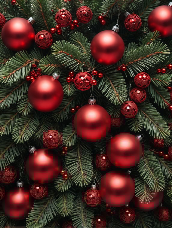 christmas red balls and Mistletoe on pine branches, top view