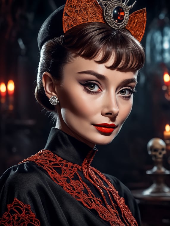 Audrey Hepburn as an evil character in spooky Halloween costume, Vivid saturated colors, Contrast color