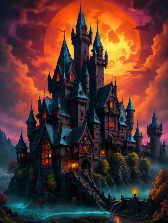 nighttime view of a gothic horror castle with vivid colors and a wood press style, darkfantasy