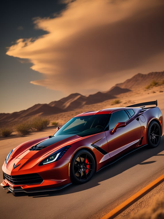 red corvette stingray in the hot dessert. Low angle, photorealistic, highly detailed