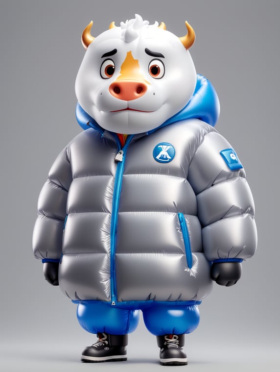 portrait of a little bull .Inflatable white minimalist man's puffer jacket, transparent, isolated, grey background, mockup