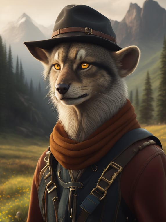 wanderlust character adventure with character neaby and the nature view in the background, inspirational, calm, nature and animals