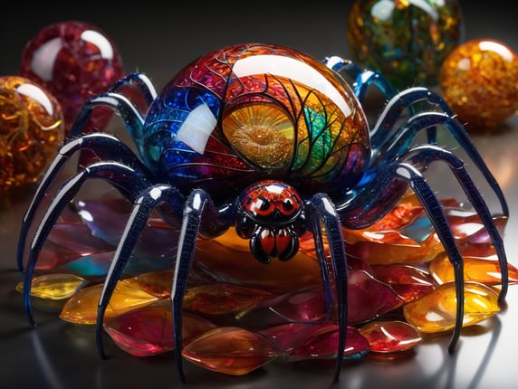"An intricate piece of art, a spider sculpted from multicolored pieces of glass. Each individual color blending seamlessly into the next, creating a harmonious and visually stunning piece. Rendered in the luminous style of Dale Chihuly, with surreal, multifaceted details, high-resolution, photorealistic image, trending on ArtStation."
