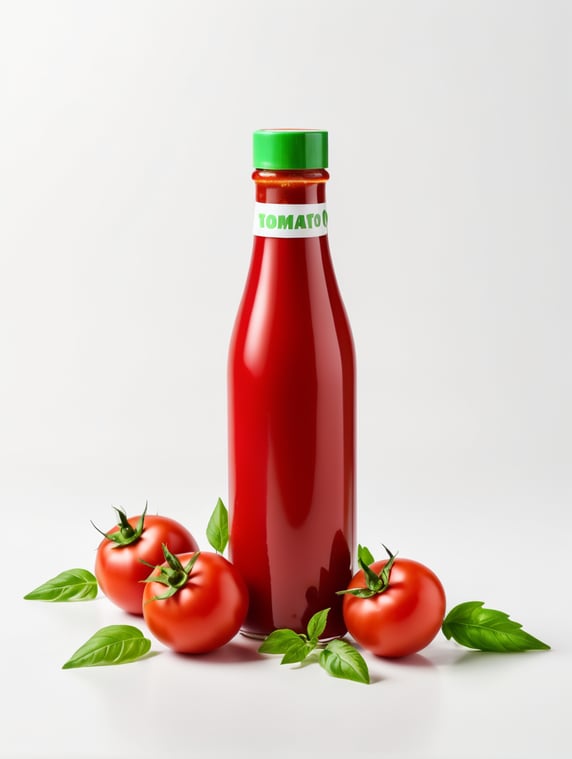 tomato ketchup bottle, red tomato with green leaves, isolated, white background