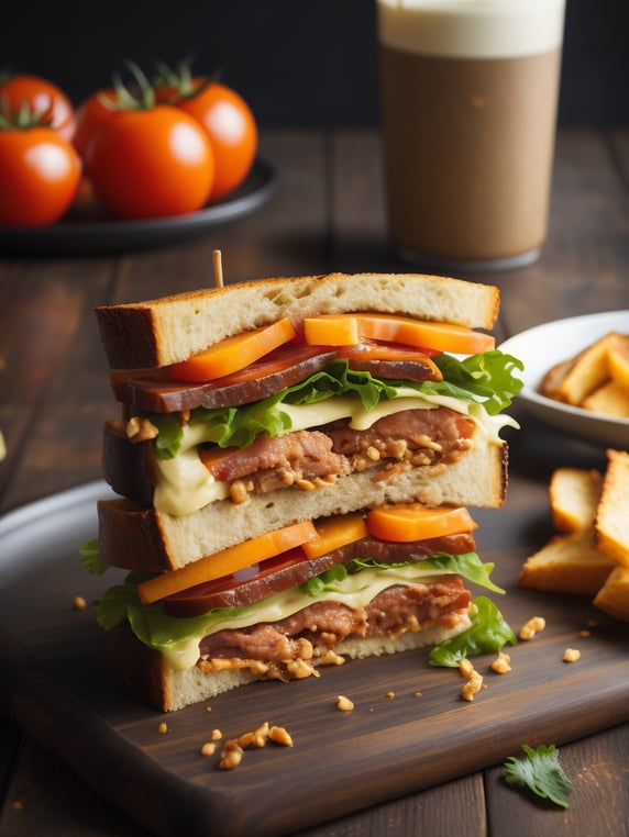A mouthwatering club sandwich captured in high definition, featuring layers of crispy bacon, juicy luncheon meat slices, fresh lettuce, ripe tomatoes, and melted cheddar cheese, oozing with creamy mayo and mustard, on lightly toasted whole-grain bread, Photography, macro lens f 2.8, --ar 1:1 --v 5.