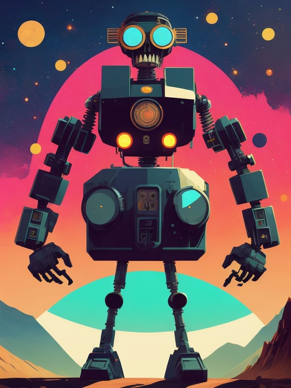 60s cartoon style photo of a huge savage skelton emopunk robot in far off galaxy, style of hannah barbara, studio ghibli, akira toriyama, james gilleard, warner brothers, trending pixiv fanbox, acrylic palette knife, vibrant colors, devinart, trending on artstation, low details, smooth