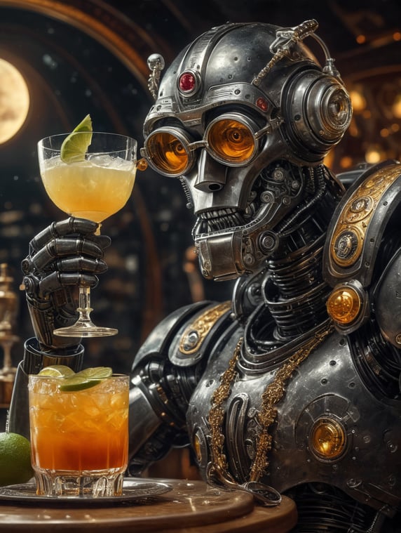 vintage robot drinking margarita cocktail siting on the ring of saturn Isaac Asimov style