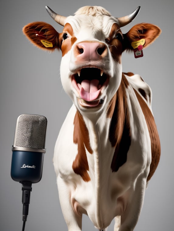 lose-up portraits, laughing hysterical cow with a recording microphone, simple background, clear focus, studio photography, by Leibovitz