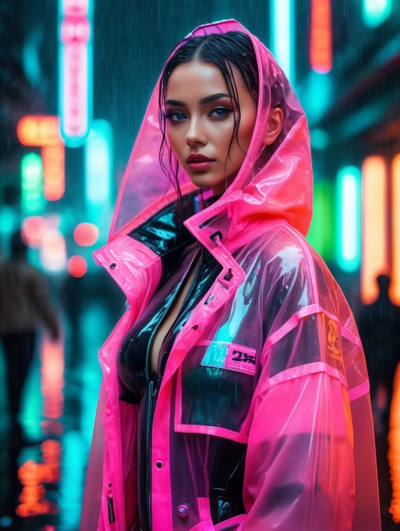 Portrait of A sexy bikini girl wearing translucent coat, standing on a cyberpunk street under the heaviest rain, neon cyberpunk style, neon colors
