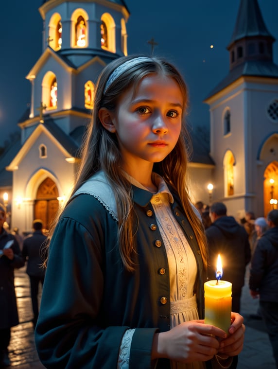 orthodoxe easter, a girl holding a candle outside church, night