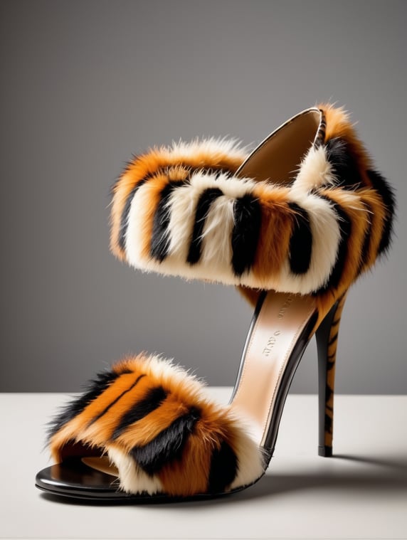 High heeled shoe made from tiger fur