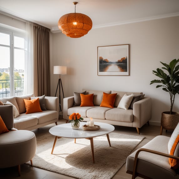 Atumn homestyling modern french apartment with white walls in eclectic style use elegant furniture earth colours with a drop of orange accent bright light deep focus, hd, high qulity image similar to vouge interior design photos