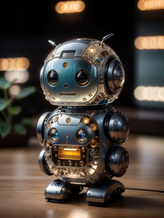 Cute aesthetic, a (tiny cute translucent polycarbonate robot) with an led screen face, emoticon, stunning unreal engine render, intricate details