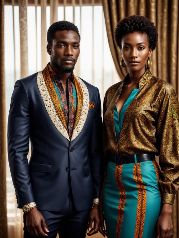 Delicate by goodhall, - the assemblage has a very naturalistic style, with trademark use of bold colors & brushstrokes. in the lake of zug, sportiv man and women, afro dandy, athletic shape, neither man nor monkey, 80's afrobeat, custom made jacket african shirt, colorful fabric, decorates african fashion, ebony, black, mannequin, 3d model, couple, centered image, use of the