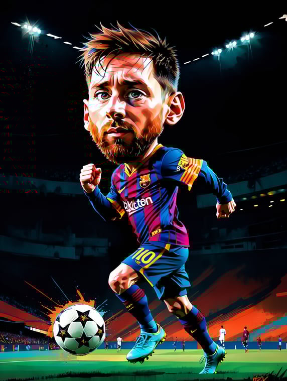 Messi con pateando el balon de futbol, ((high face)) background dark, dramatic lighting