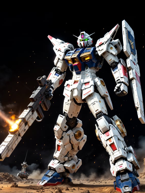 gundam model suit, fight with other robot, on saturn'moon surface. robots shot with a laser gun and destroy the starship