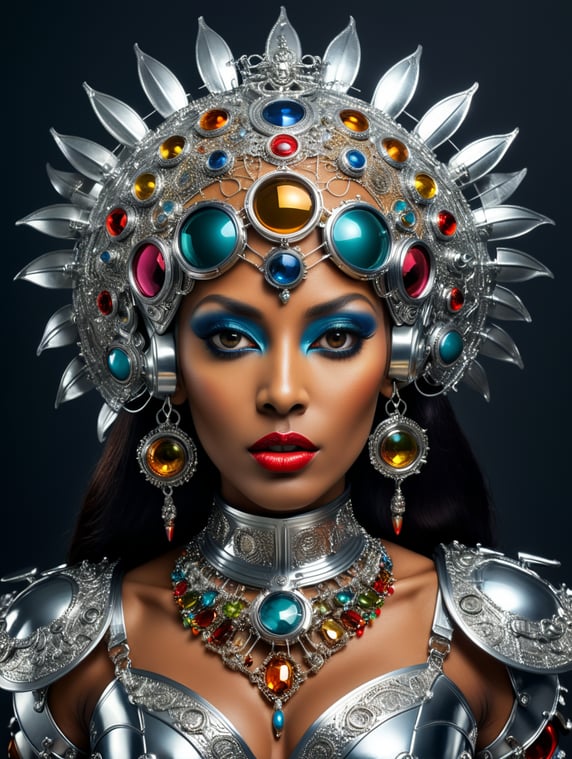 Donyale luna, avant-garde, simplygo, photoshoot spread, dressed in all chrome, foil background, harpers bizarre, cover, headshot, hyper realistic