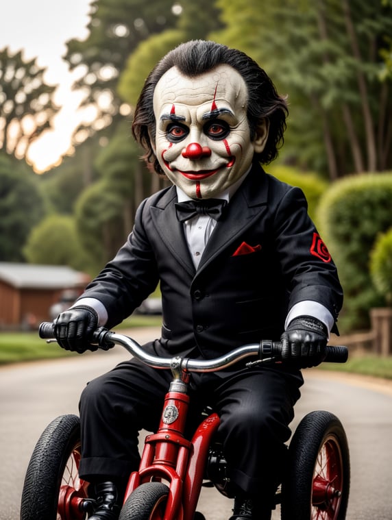 Billy the puppet from the movie saw drifting on his tricycle, highly detailed and resolution