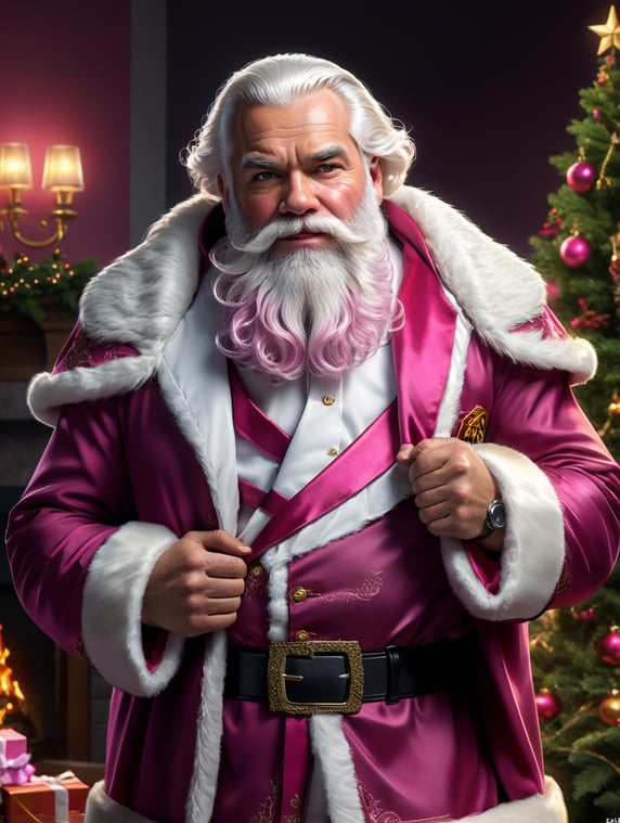 modern Santa Claus, with white hair and beard, dark pink clothes and an elegant and sophisticated mood. The beard with a particular cut, and a sorry pink bow that gathers it along the length; babbo natale moderno, con capelli e barba bianchi, abiti rosa scuro e un mood elegante e sofisticato. La barba con taglio particolare, ed un fiocco rosa scusa che la raccoglie sulla lunghezza