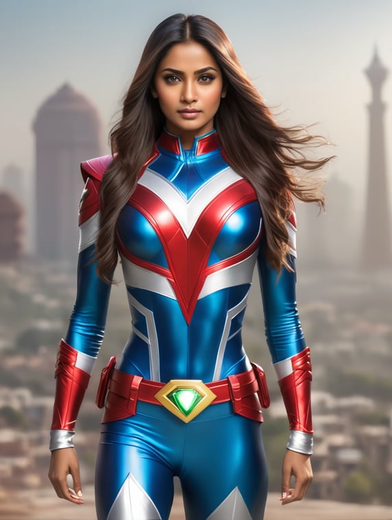 Superhero marvel style, beautiful woman, long hair, indian ethnicity, power ranger costume, standing still, studio light, new delhi background, ultrarealistic, hyper detailed