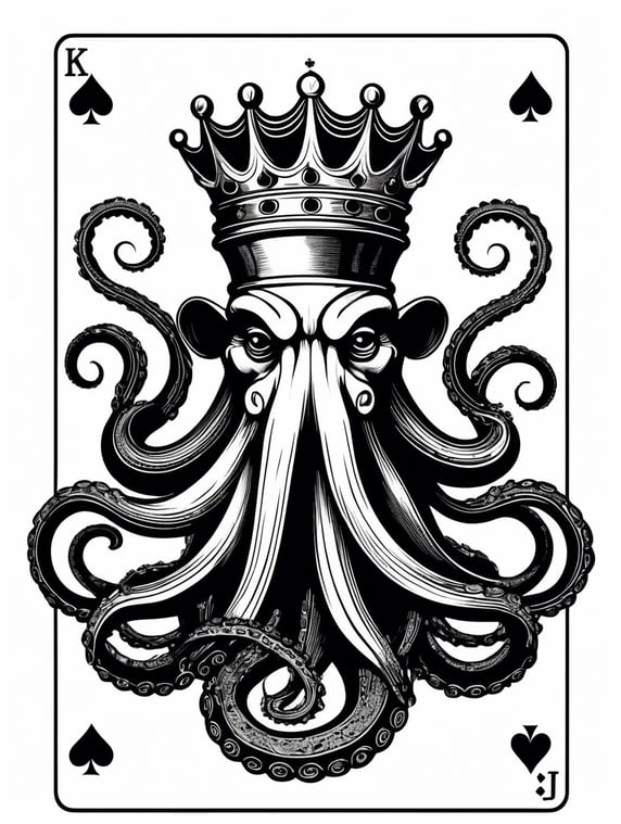 king octopus of clubs playing card, face card, linocut art style, black ink, ultra realism, simple lines, vector