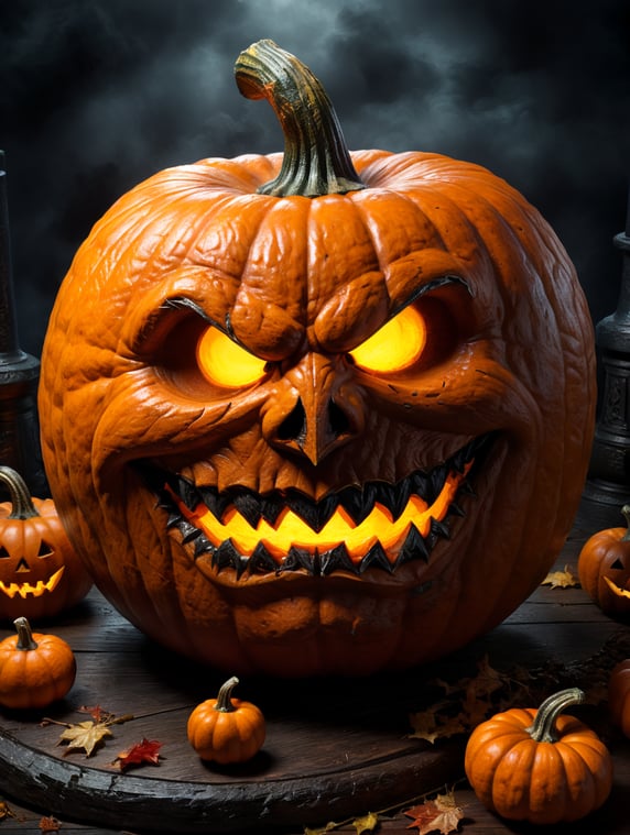 Photorealistic illustration of scary, dark, kettlebell-shaped Halloween pumpkin